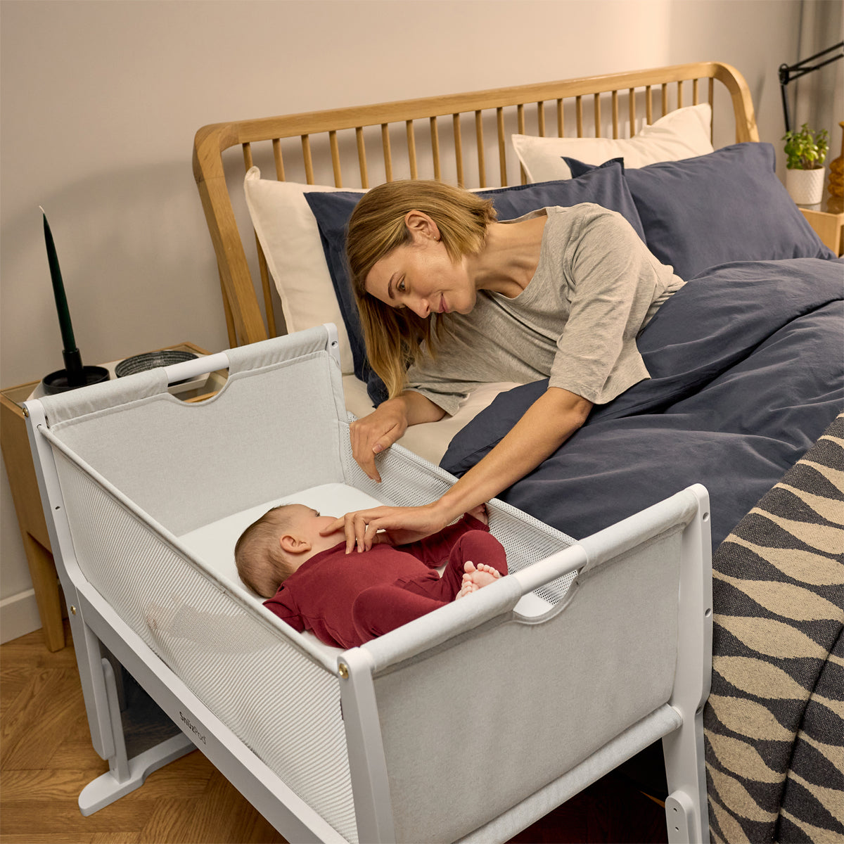 SnuzPod Studio bedside crib in Paris White colour.