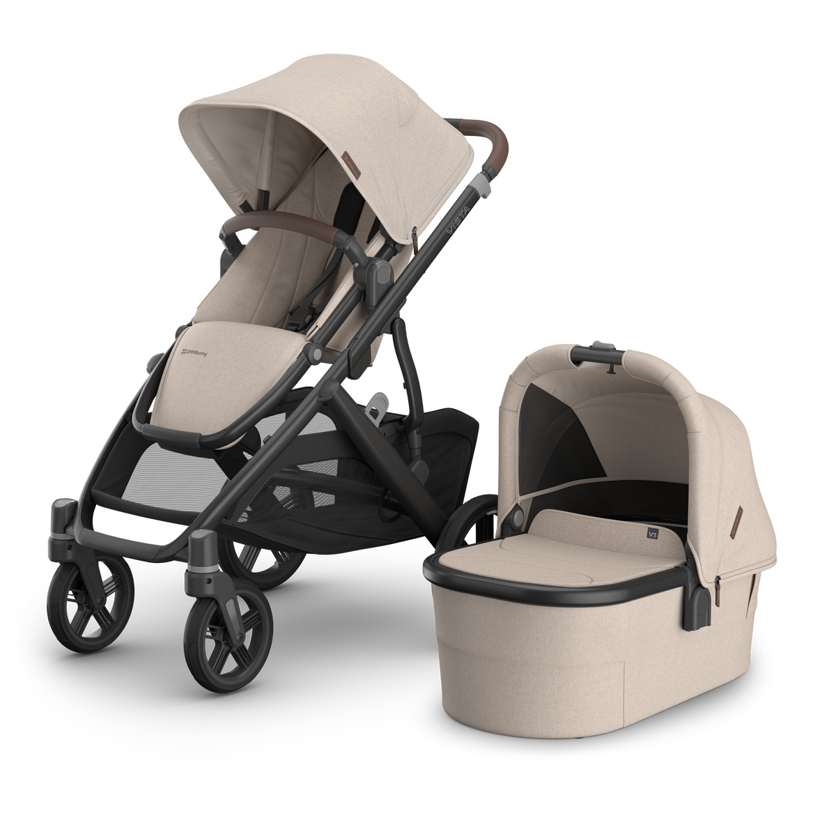 Uppababy Vista V3 travel system in ada beige colour, complete with cloud S car seat only.