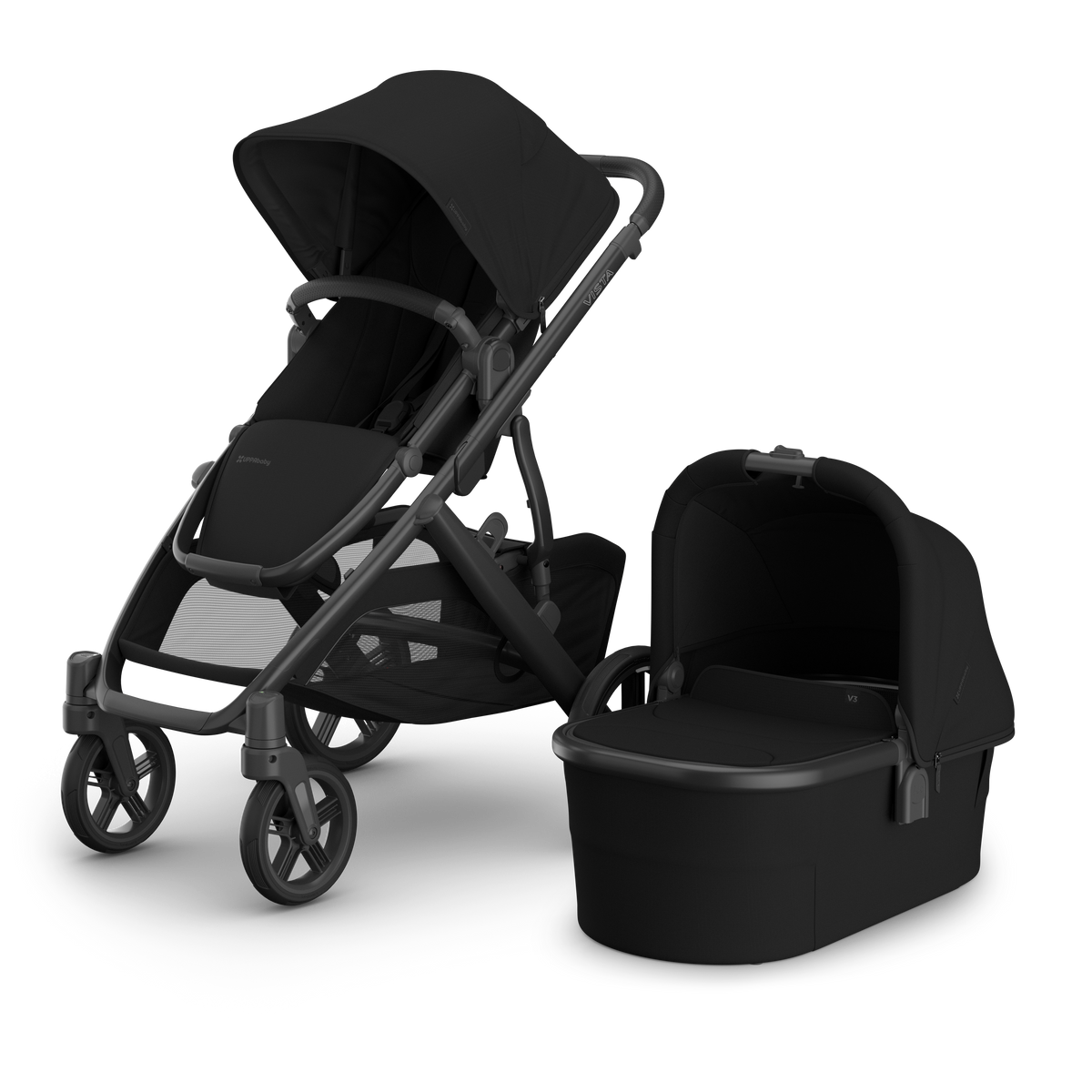 Uppababy Vista V3 travel system in James black colour, complete with cloud S car seat only.