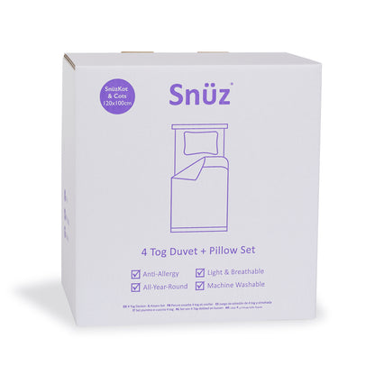 Snuz 4 tog duvet & pillow set in white with purple labels on a white background