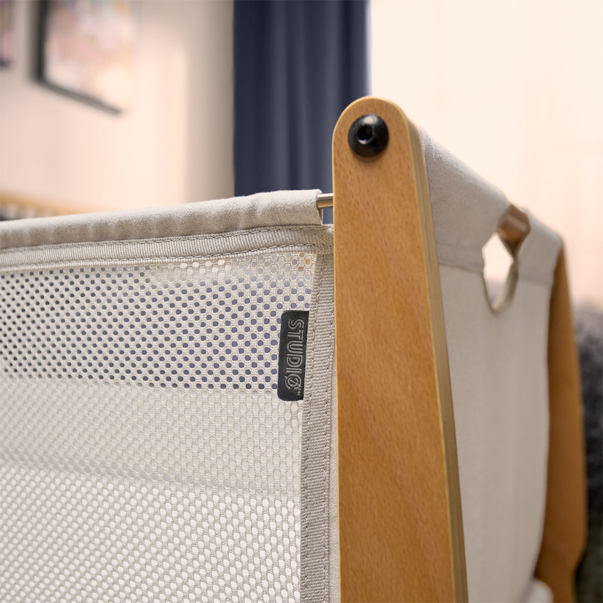 SnuzPod Studio bedside crib in Natural colour.
