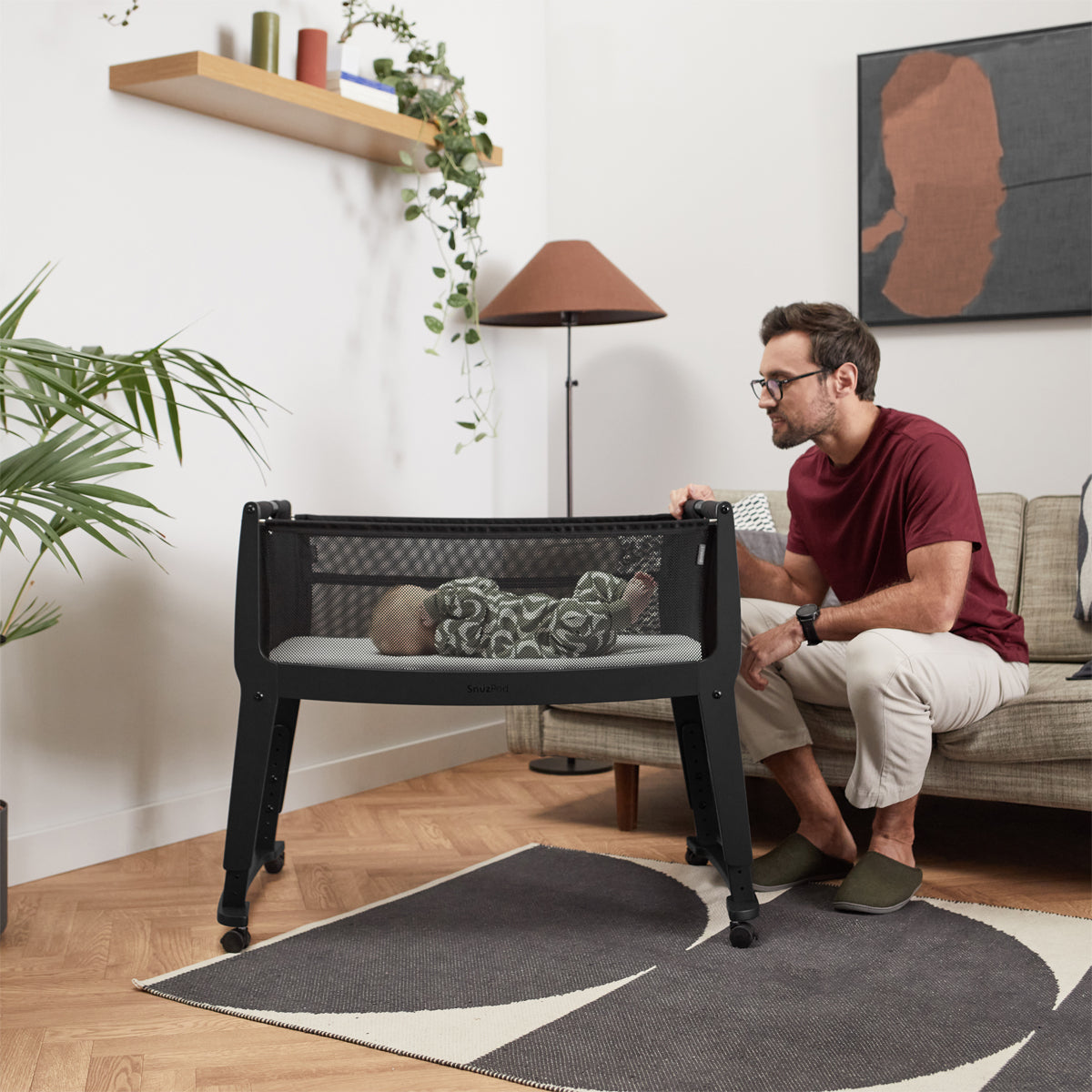 SnuzPod Studio bedside crib in Brooklyn Dark Grey colour.