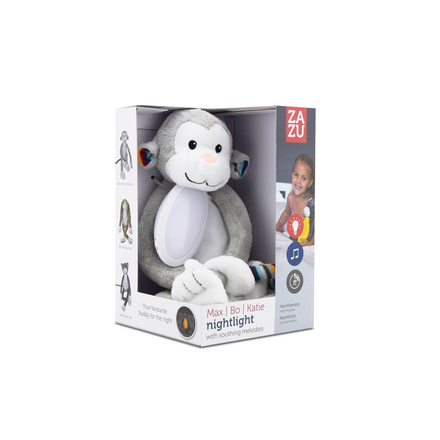 A grey and white monkey inside its retail packaging.