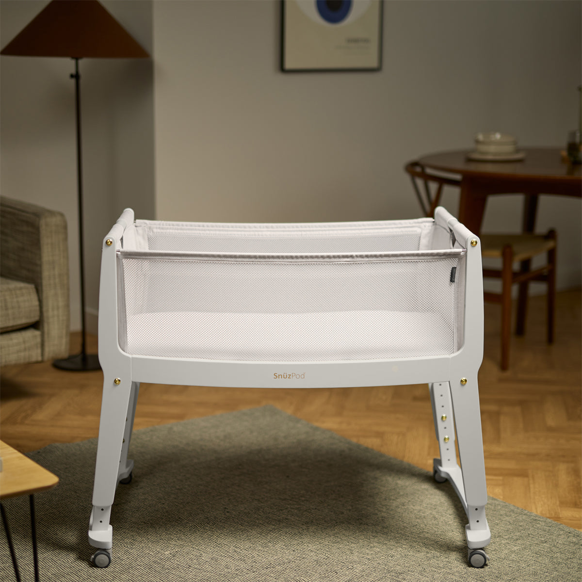 SnuzPod Studio bedside crib in Paris White colour.