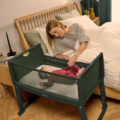 SnuzPod Studio bedside crib in Berlin Green colour.