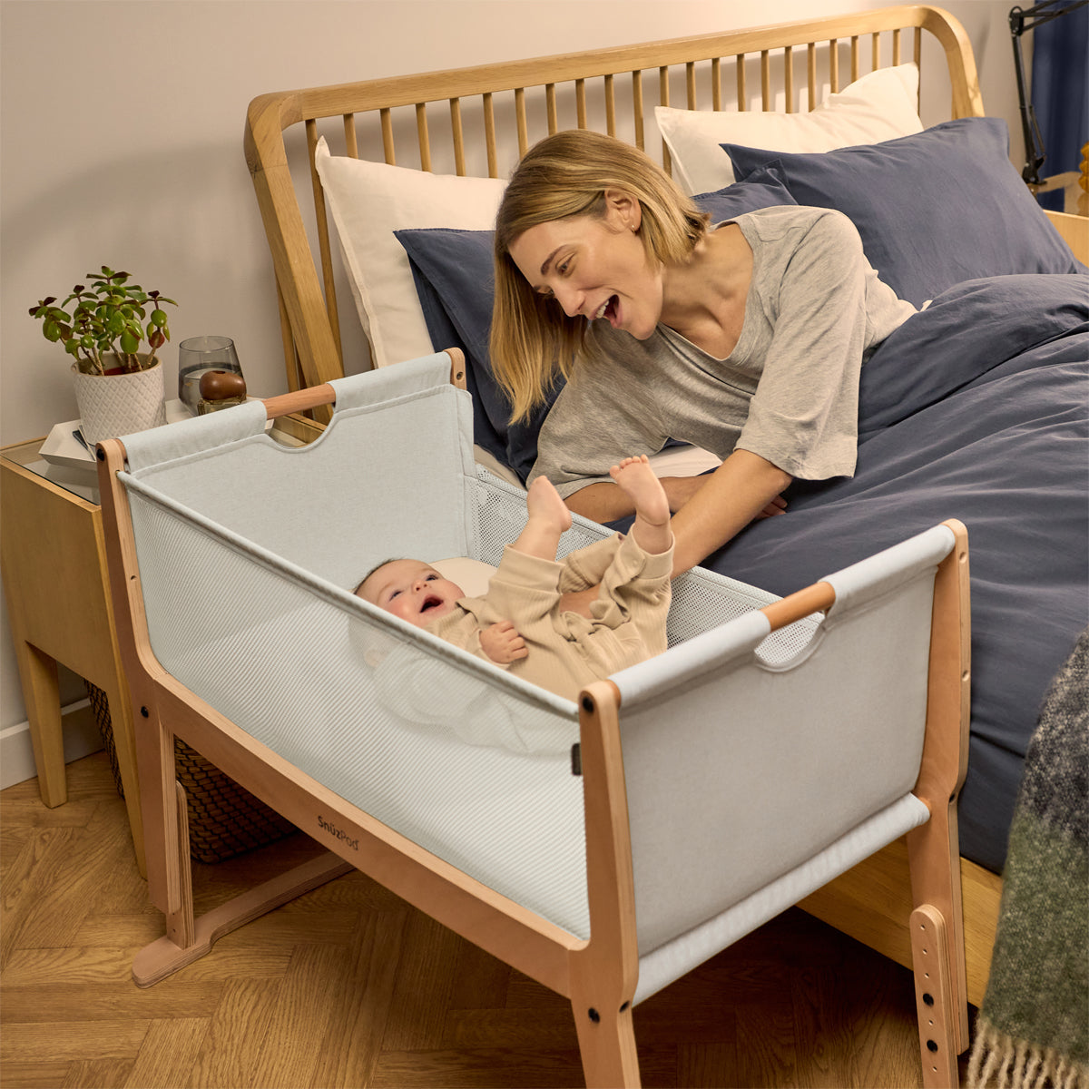 SnuzPod Studio bedside crib in Natural colour.