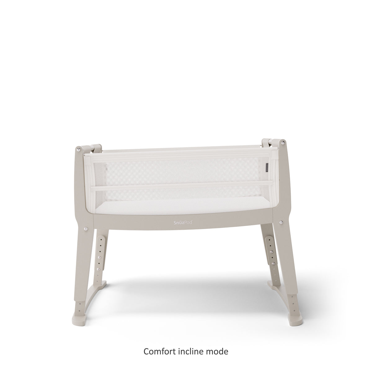 SnuzPod Studio bedside crib in Oslo Light Grey colour.