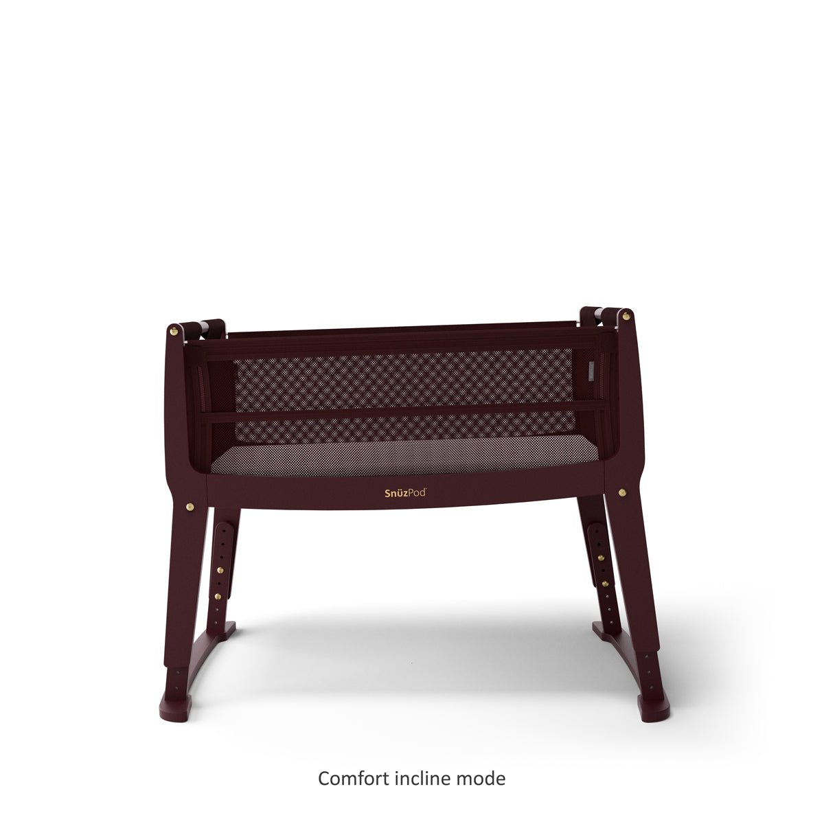 SnuzPod Studio bedside crib in Rome Burgundy colour.