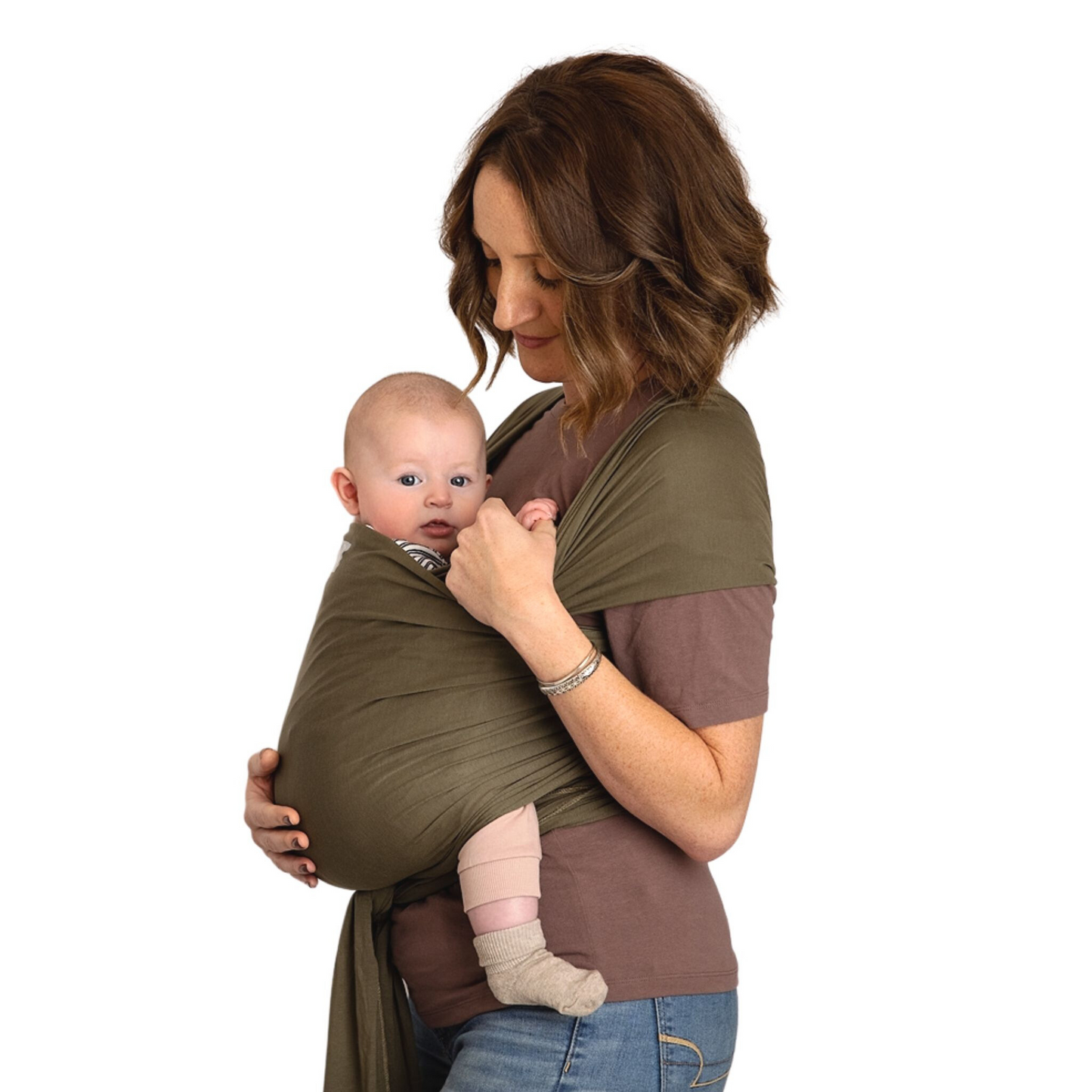 A baby carrier featuring a comfortable organic cotton wrap for secure and stylish baby carrying in forest green colour.