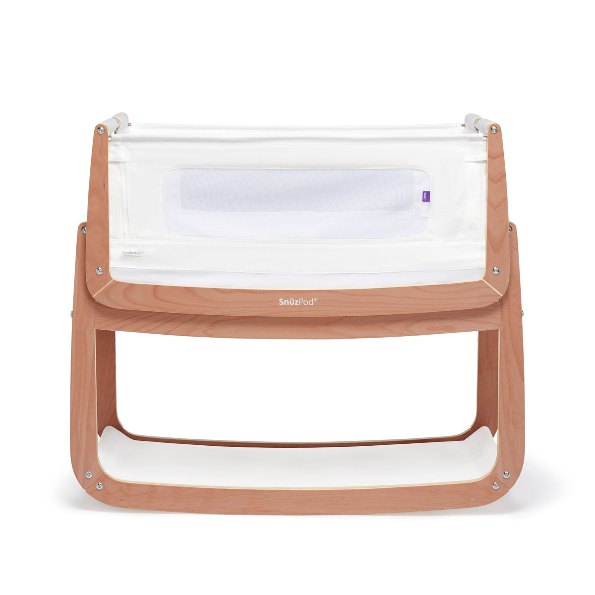 A Natural Snuzpod bedside crib designed for infants, showcasing a modern and safe sleeping environment.