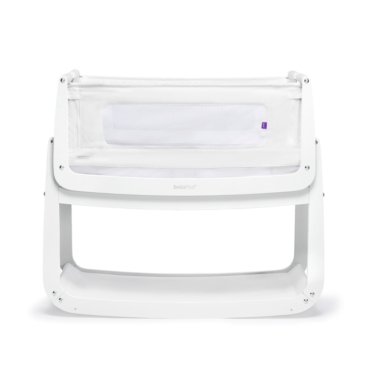 A White Snuzpod bedside crib designed for infants, showcasing a modern and safe sleeping environment.