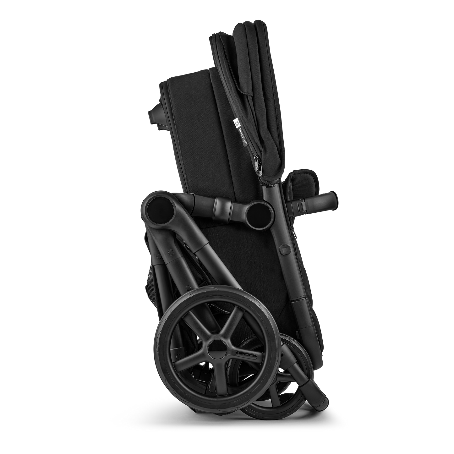 The Heritage Black Bugaboo Fox5 pushchair, equipped with a seat and carrycot fabric, offers a compact fold for all-terrain use.