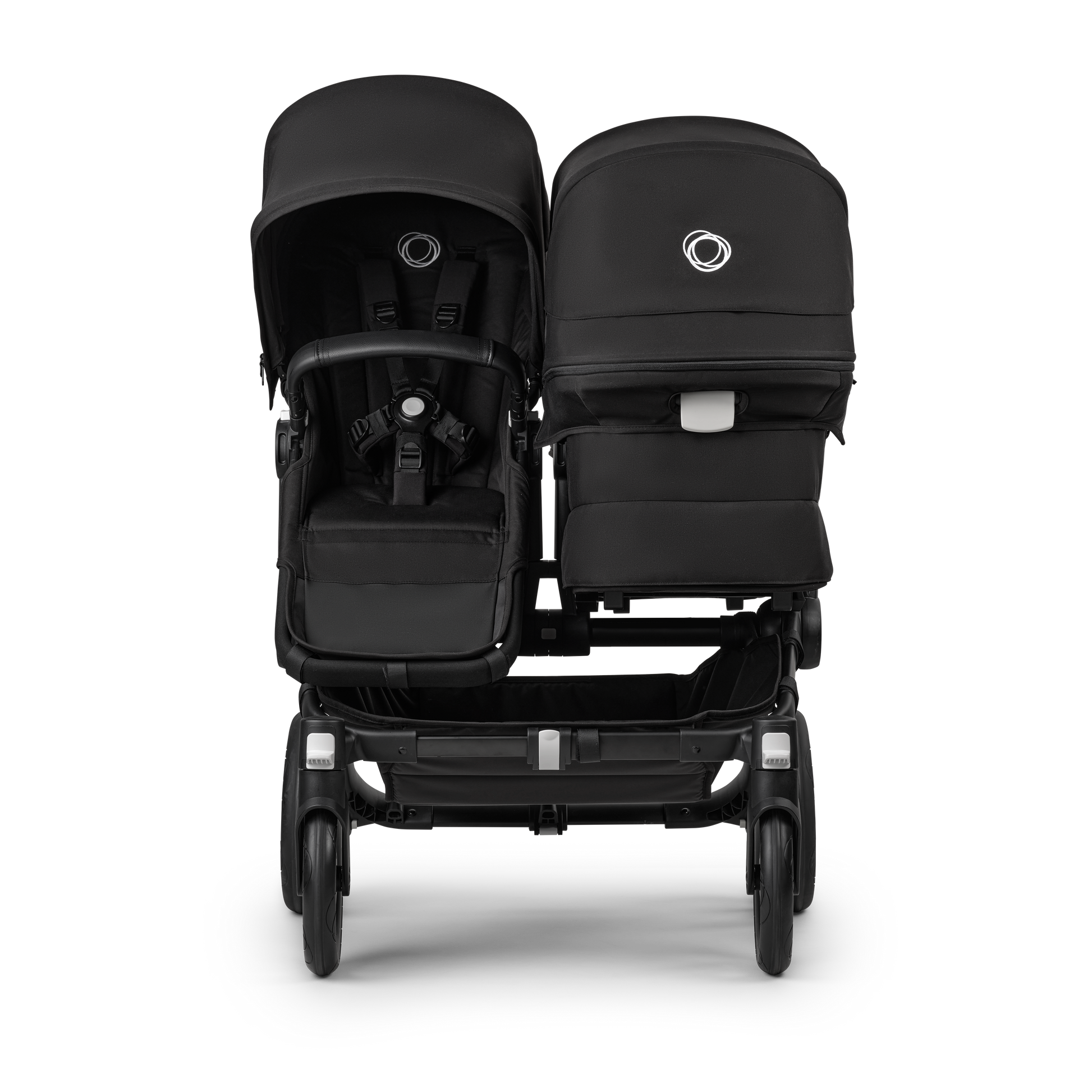 Midnight Black Bugaboo Donkey 5 stroller with 2 x seat and1 x carrycot fabrics, designed for easy folding and adaptable for mono, duo or twin configurations.