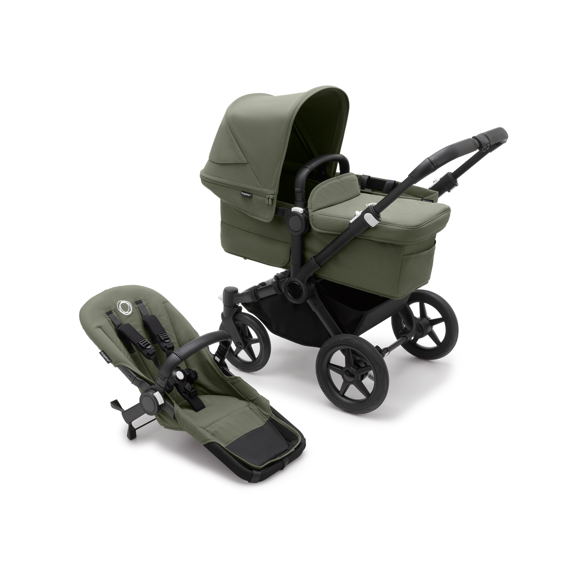 Forest Green Bugaboo Donkey 5 stroller with seat and carrycot fabrics, designed for easy folding and adaptable for duo or twin configurations.