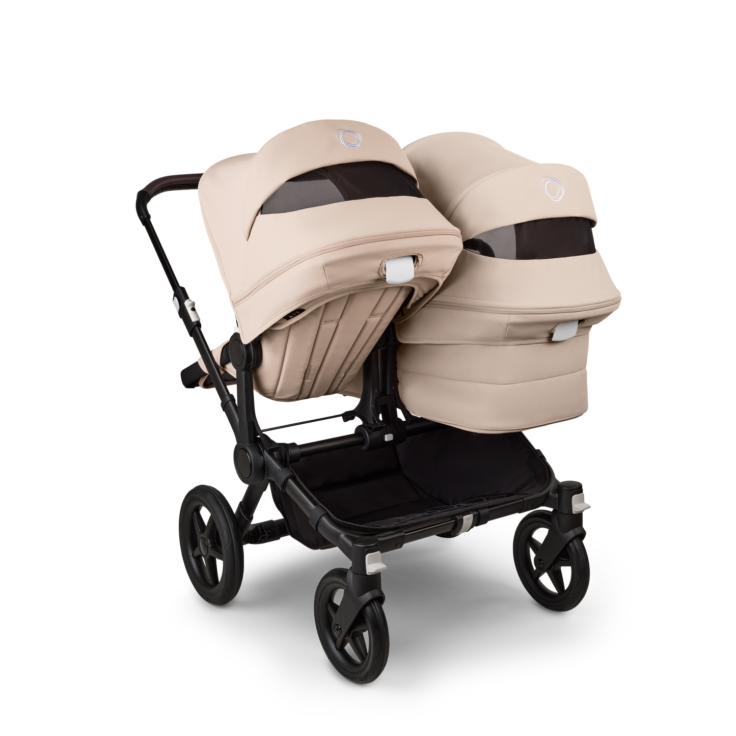 Desert Taupe Bugaboo Donkey 5 stroller with 2 x seat and 2 x carrycot fabrics, designed for easy folding and adaptable for mono, duo or twin configurations.