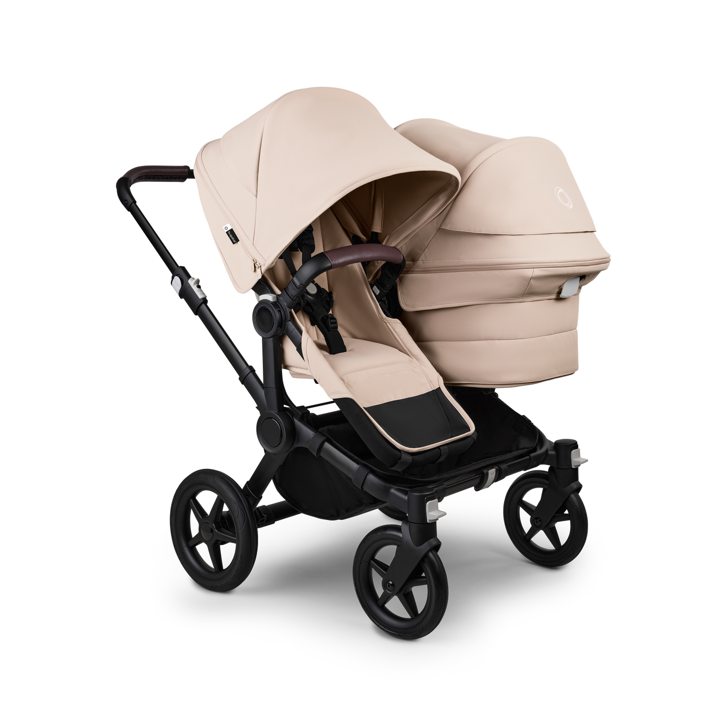 Desert Taupe Bugaboo Donkey 5 stroller with 2 x seat and1 x carrycot fabrics, designed for easy folding and adaptable for mono, duo or twin configurations.