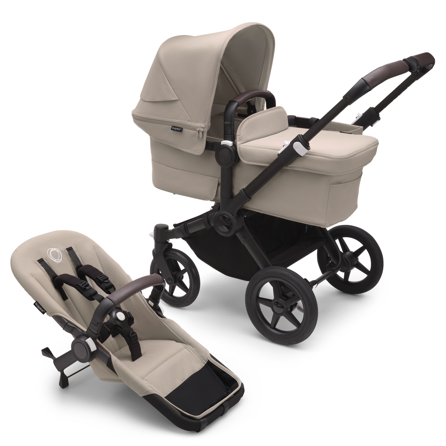 Desert Taupe Bugaboo Donkey 5 stroller with seat and carrycot fabrics, designed for easy folding and adaptable for duo or twin configurations.