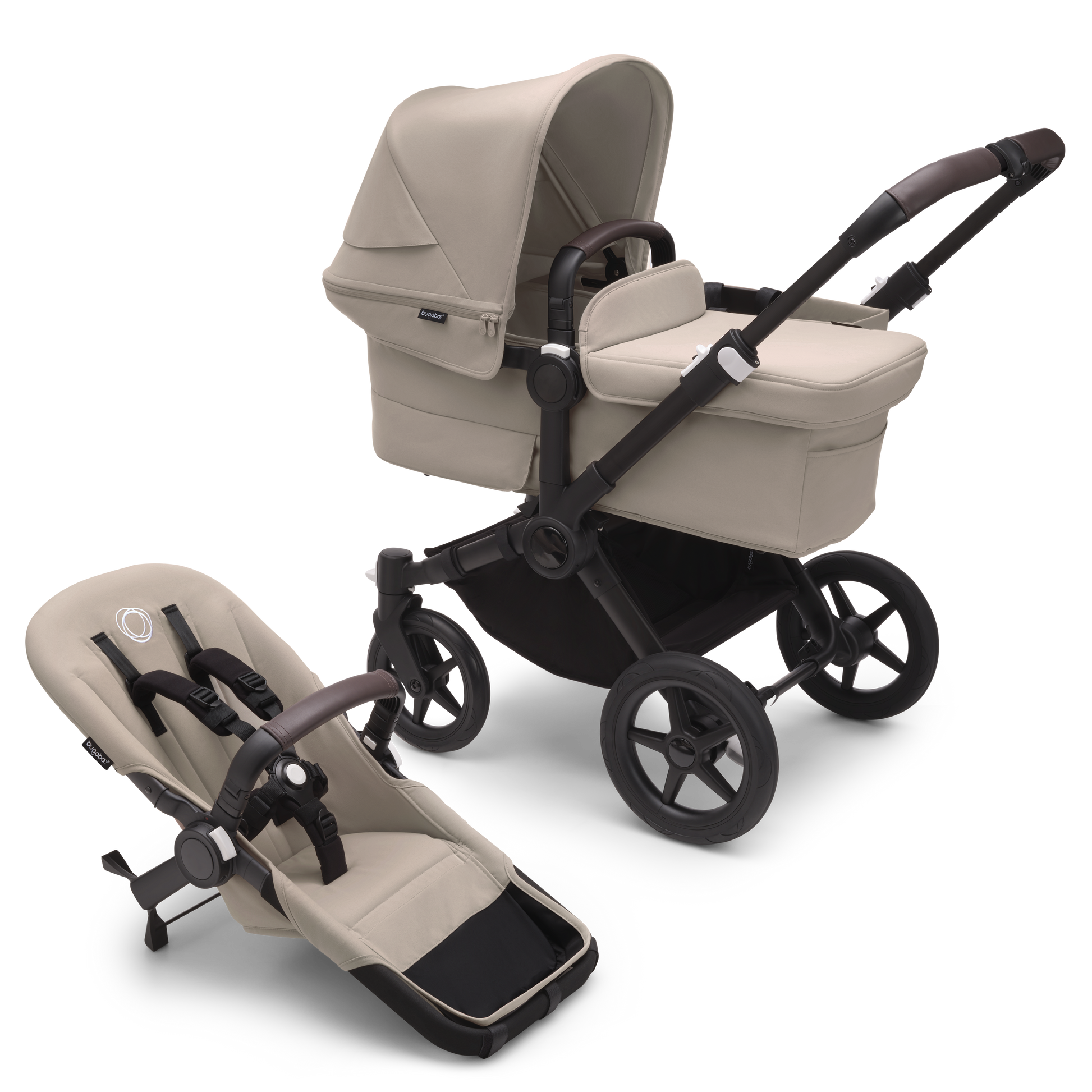 Desert Taupe Bugaboo Donkey 5 stroller with seat and carrycot fabrics, designed for easy folding and adaptable for duo or twin configurations.