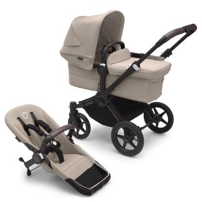 Desert Taupe Bugaboo Donkey 5 stroller with seat and carrycot fabrics, designed for easy folding and adaptable for duo or twin configurations.