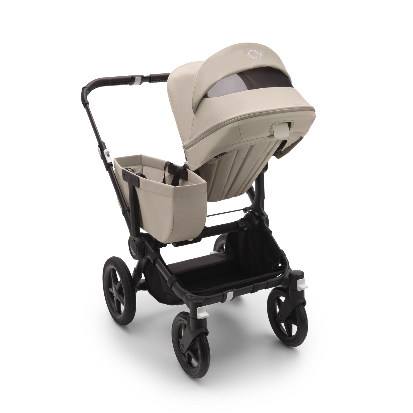 Desert Taupe Bugaboo Donkey 5 stroller with seat and carrycot fabrics, designed for easy folding and adaptable for duo or twin configurations.