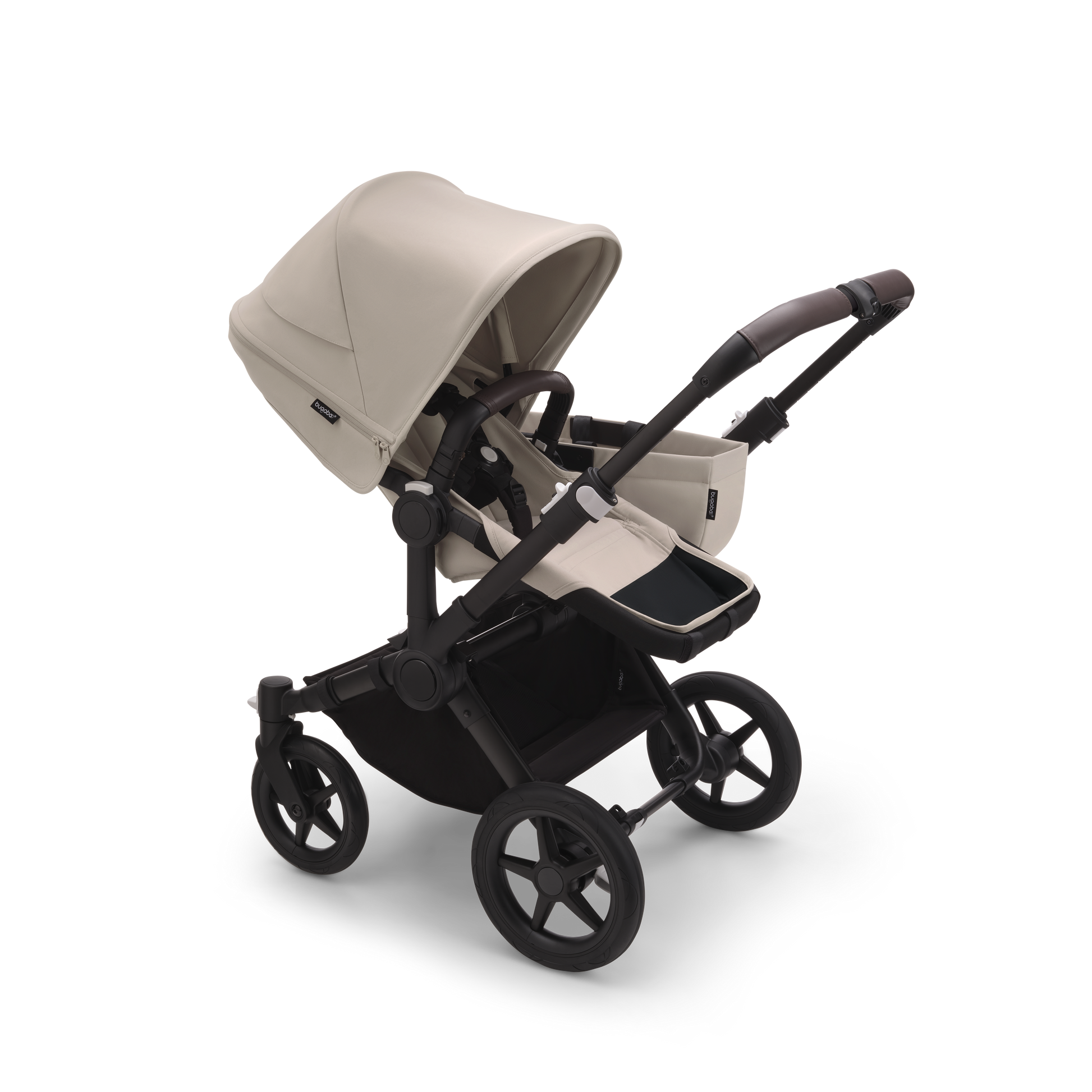 Desert Taupe Bugaboo Donkey 5 stroller with seat and carrycot fabrics, designed for easy folding and adaptable for duo or twin configurations.