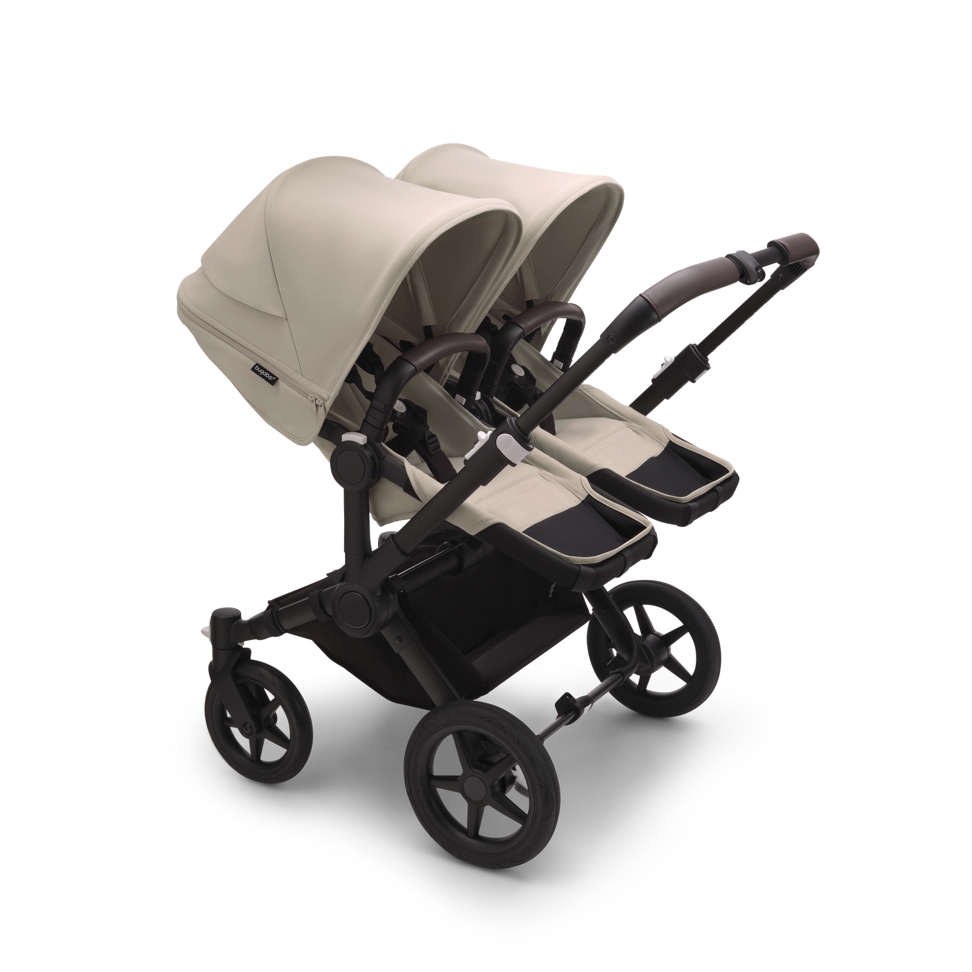 Desert Taupe Bugaboo Donkey 5 stroller with 2 x seat and 2 x carrycot fabrics, designed for easy folding and adaptable for mono, duo or twin configurations.