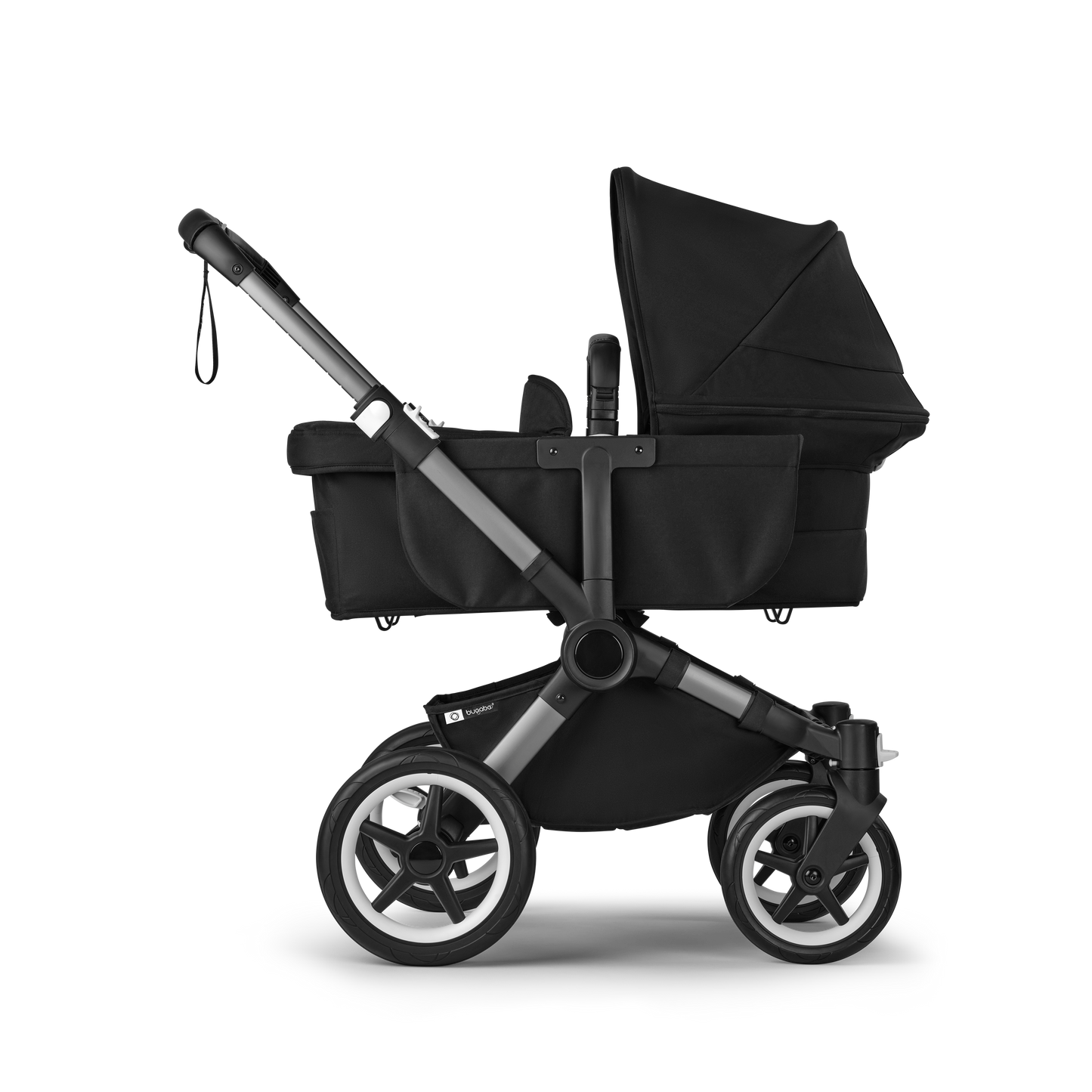 Midnight Black Bugaboo Donkey 5 stroller with seat and carrycot fabrics, designed for easy folding and adaptable for duo or twin configurations.