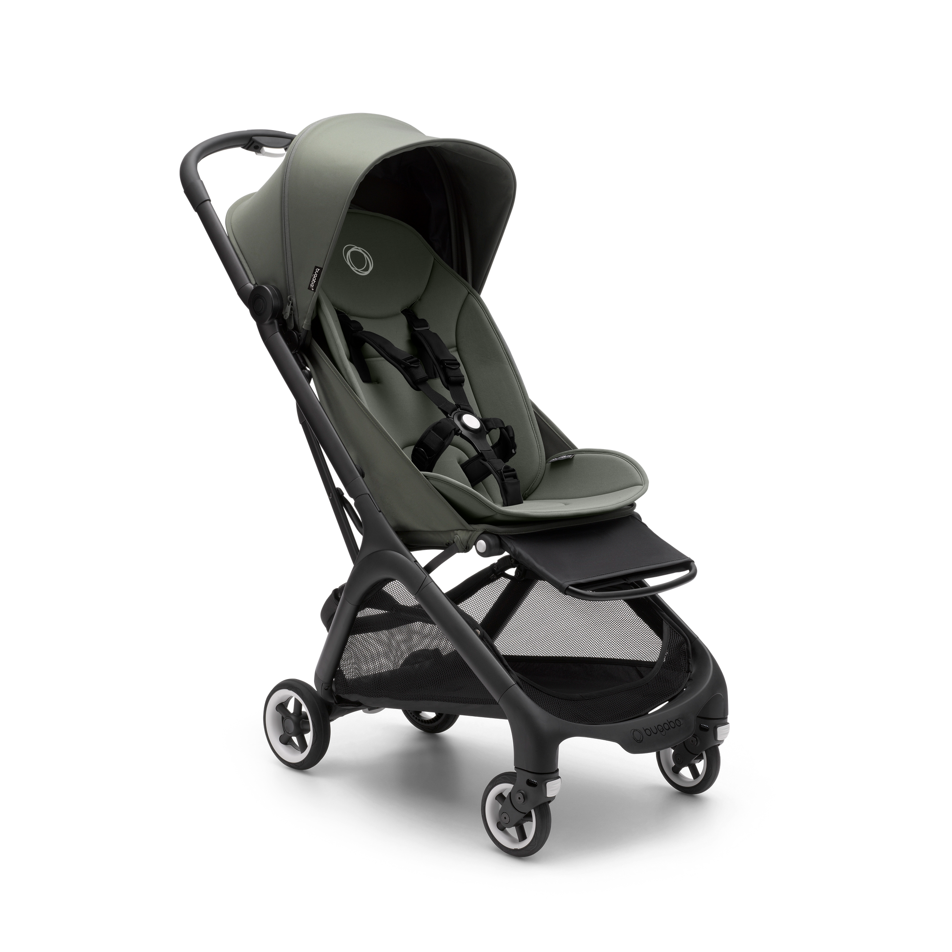 Bugaboo pushchair in Forest Green with travel bag.