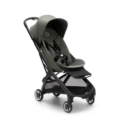 Bugaboo pushchair in Forest Green with travel bag.