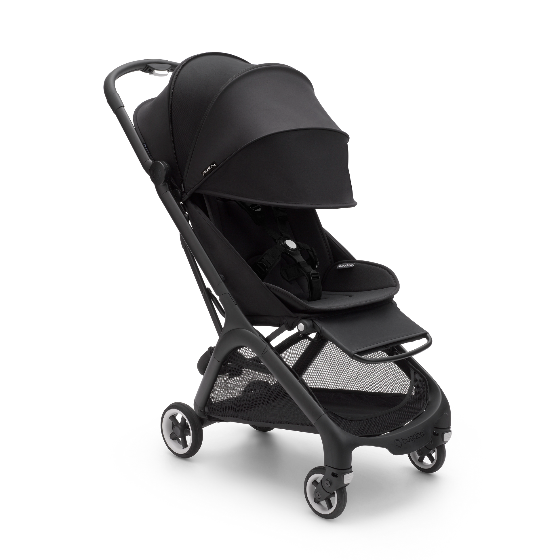 Bugaboo pushchair in midnight black with travel bag.