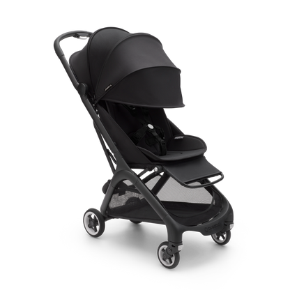 Bugaboo pushchair in midnight black with travel bag.