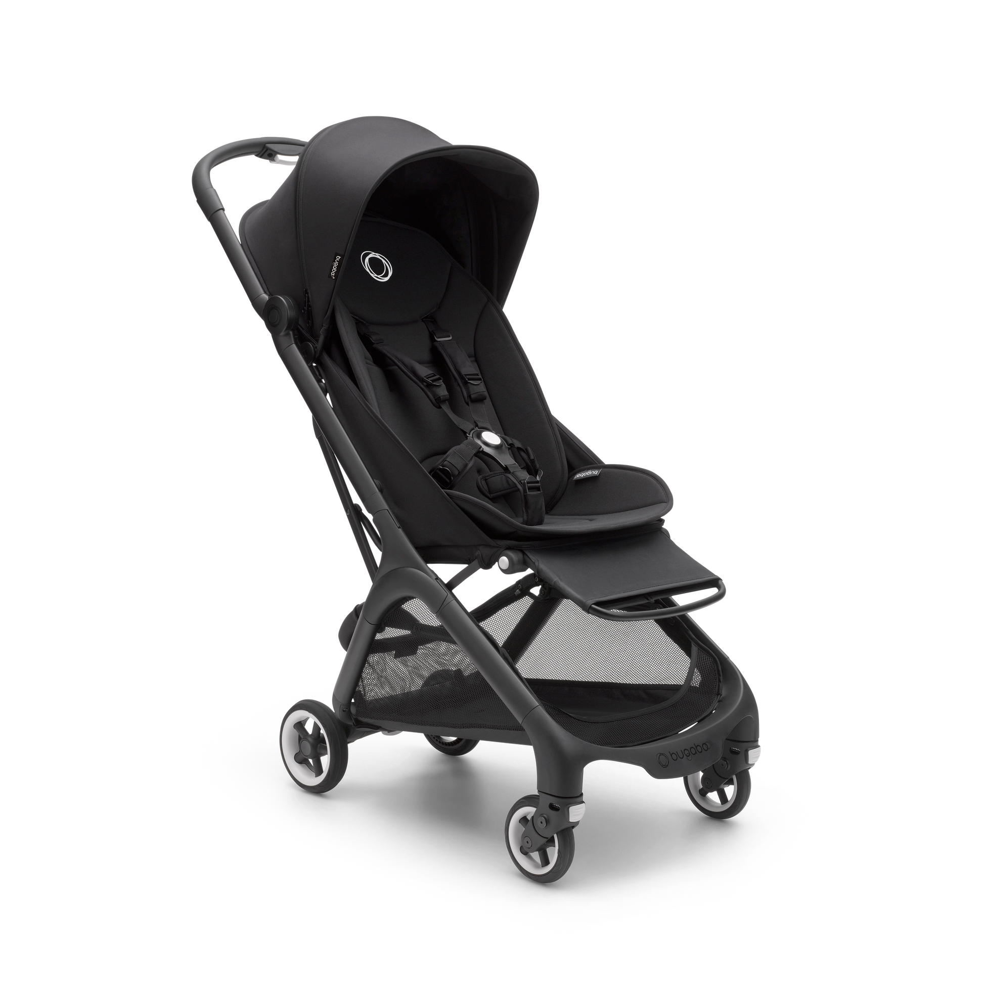 Bugaboo pushchair in midnight black with travel bag.