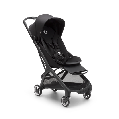 Bugaboo pushchair in midnight black with travel bag.