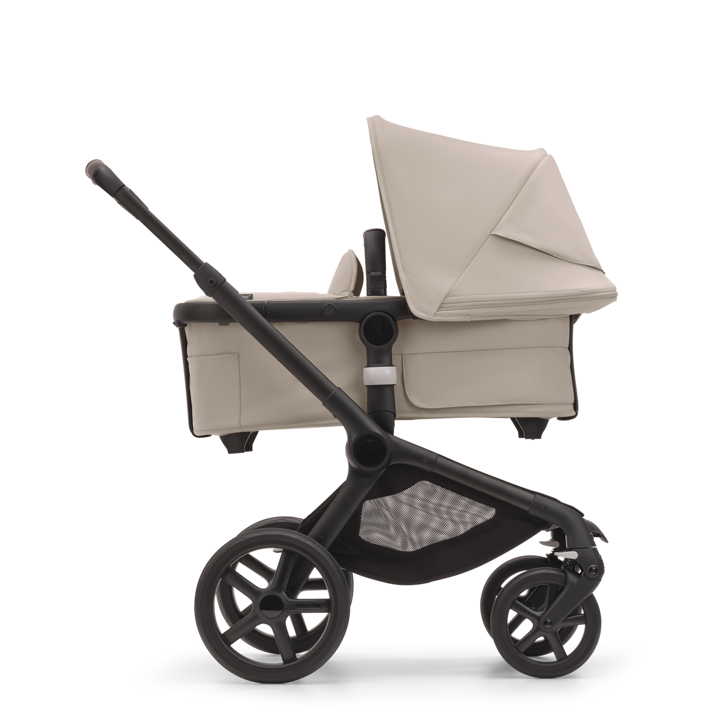 Bugaboo Fox5 stroller in Taupe Complete, equipped with a carrycot, compact fold, and suitable for all terrains.