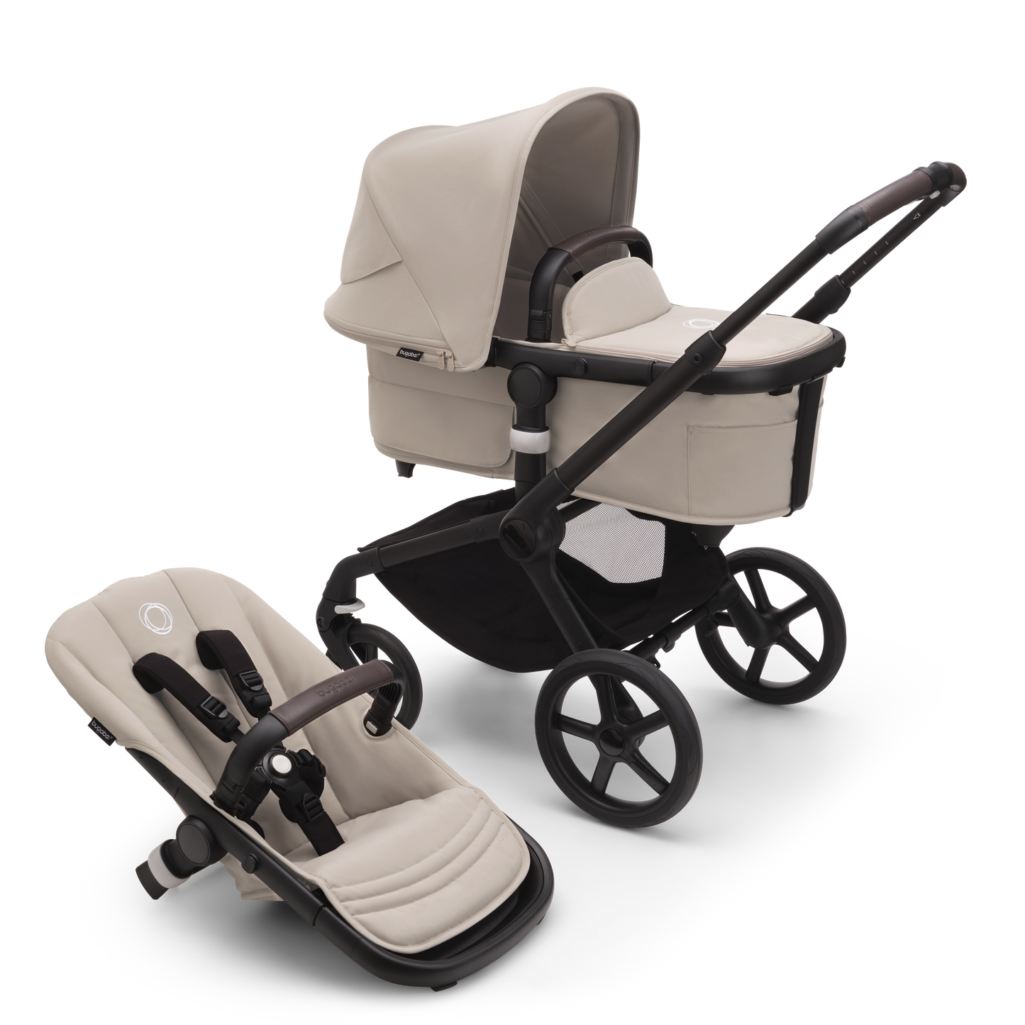 Bugaboo Fox5 stroller in Taupe Complete, equipped with a carrycot, compact fold, and suitable for all terrains.