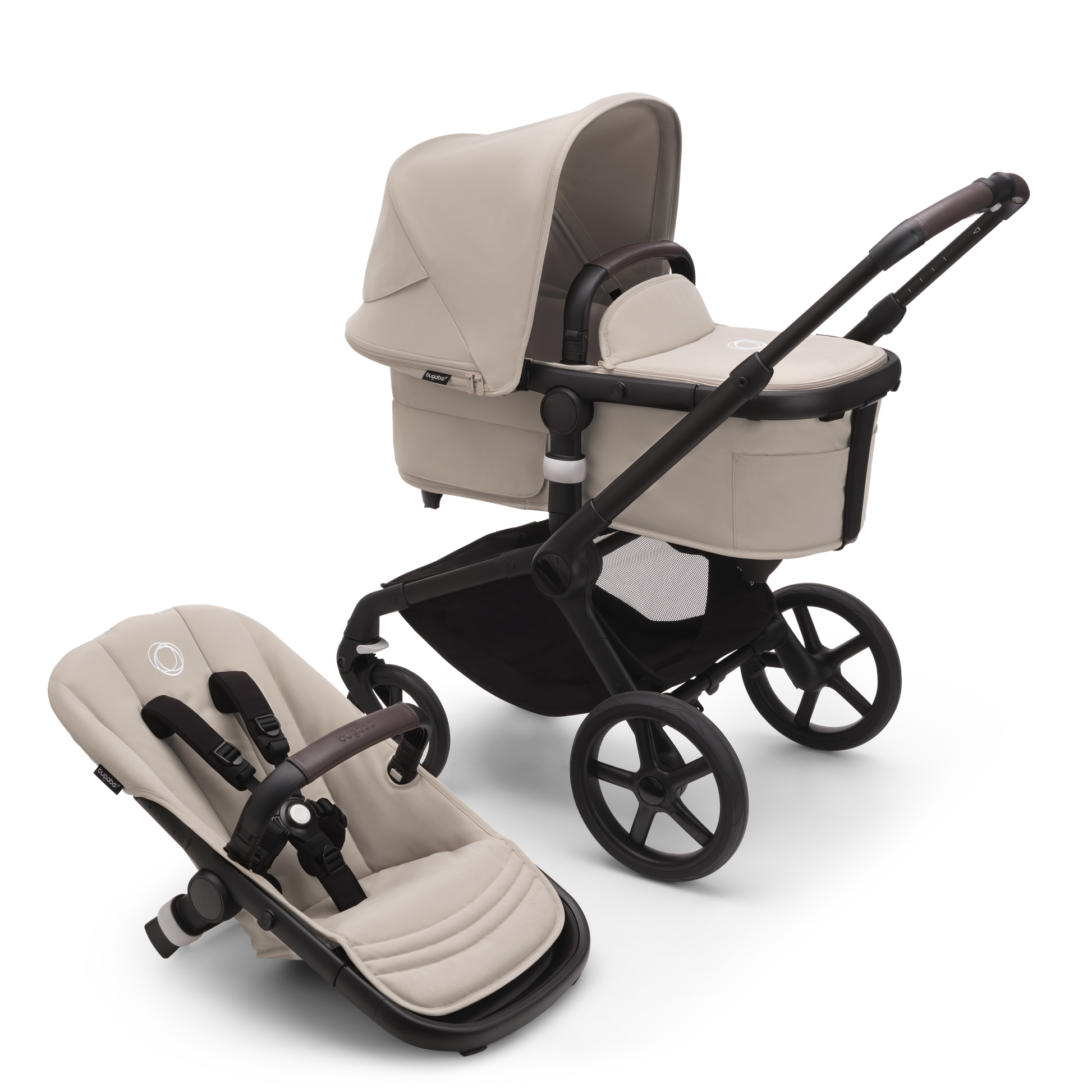 Bugaboo Fox5 stroller in Taupe Complete, equipped with a carrycot, compact fold, and suitable for all terrains.