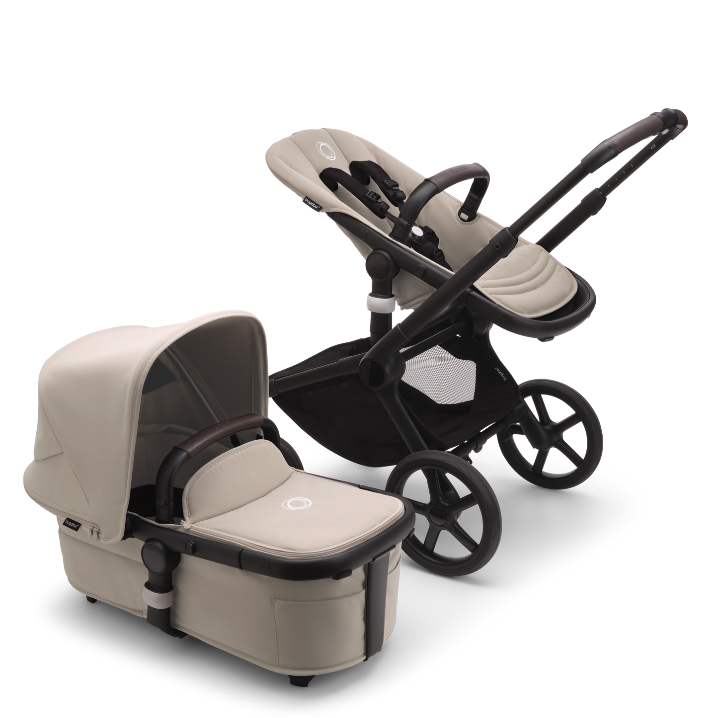 Bugaboo Fox5 stroller in Taupe Complete, equipped with a carrycot, compact fold, and suitable for all terrains.