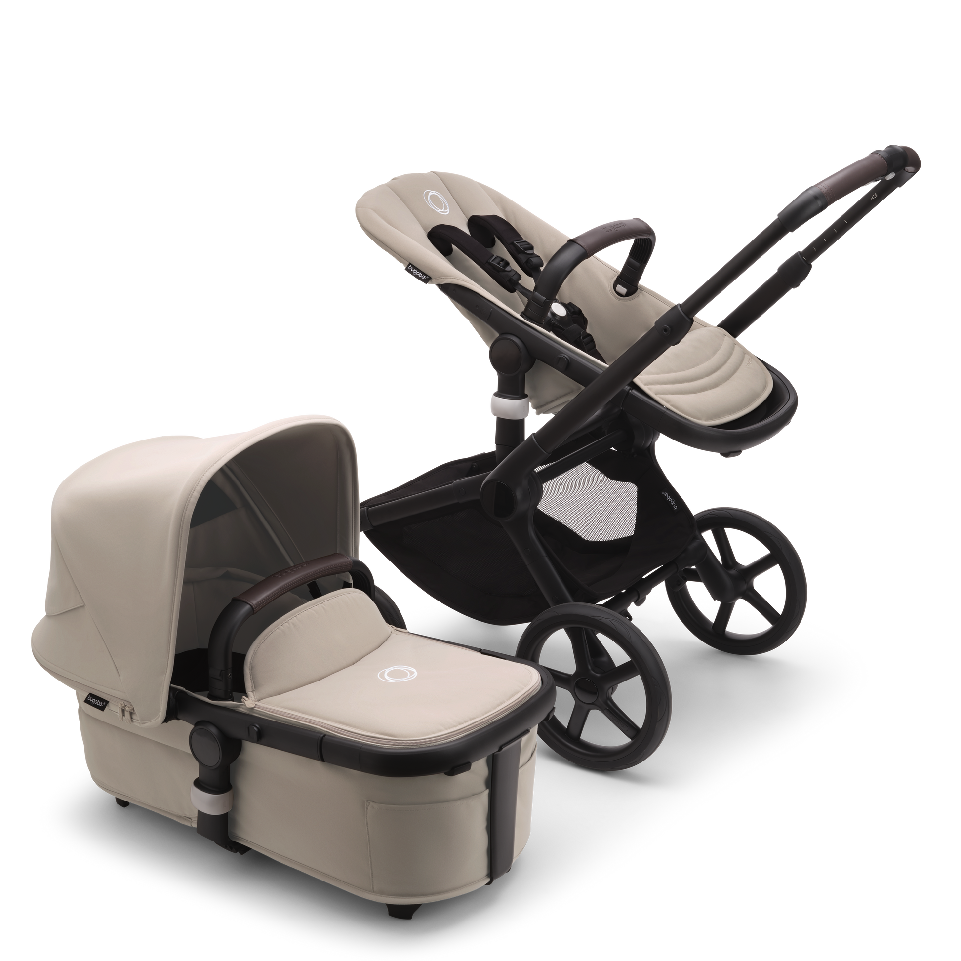 Bugaboo Fox5 stroller in Taupe Complete, equipped with a carrycot, compact fold, and suitable for all terrains.