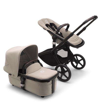 Bugaboo Fox5 stroller in Taupe Complete, equipped with a carrycot, compact fold, and suitable for all terrains.