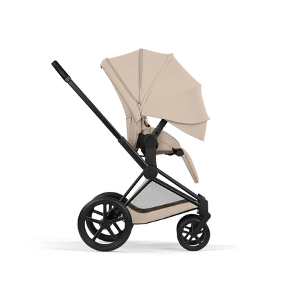 Cybex Priam Comfort combo in cozy beige colourway and matt black chassis.