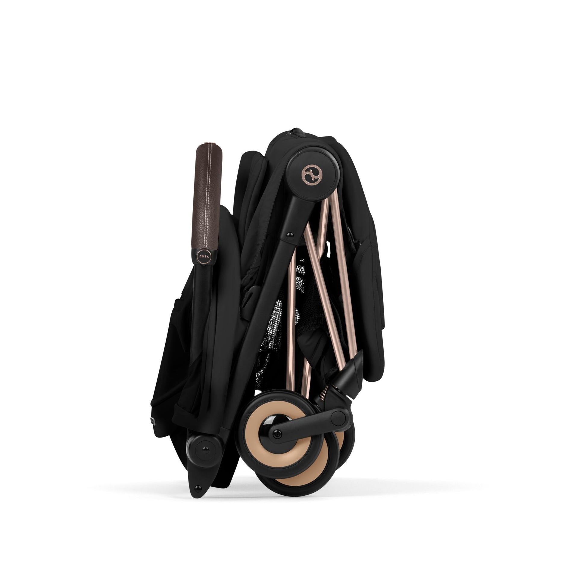 Cybex Coya Pushchair and carrycot in sepia black colourway on a rose gold chassis.