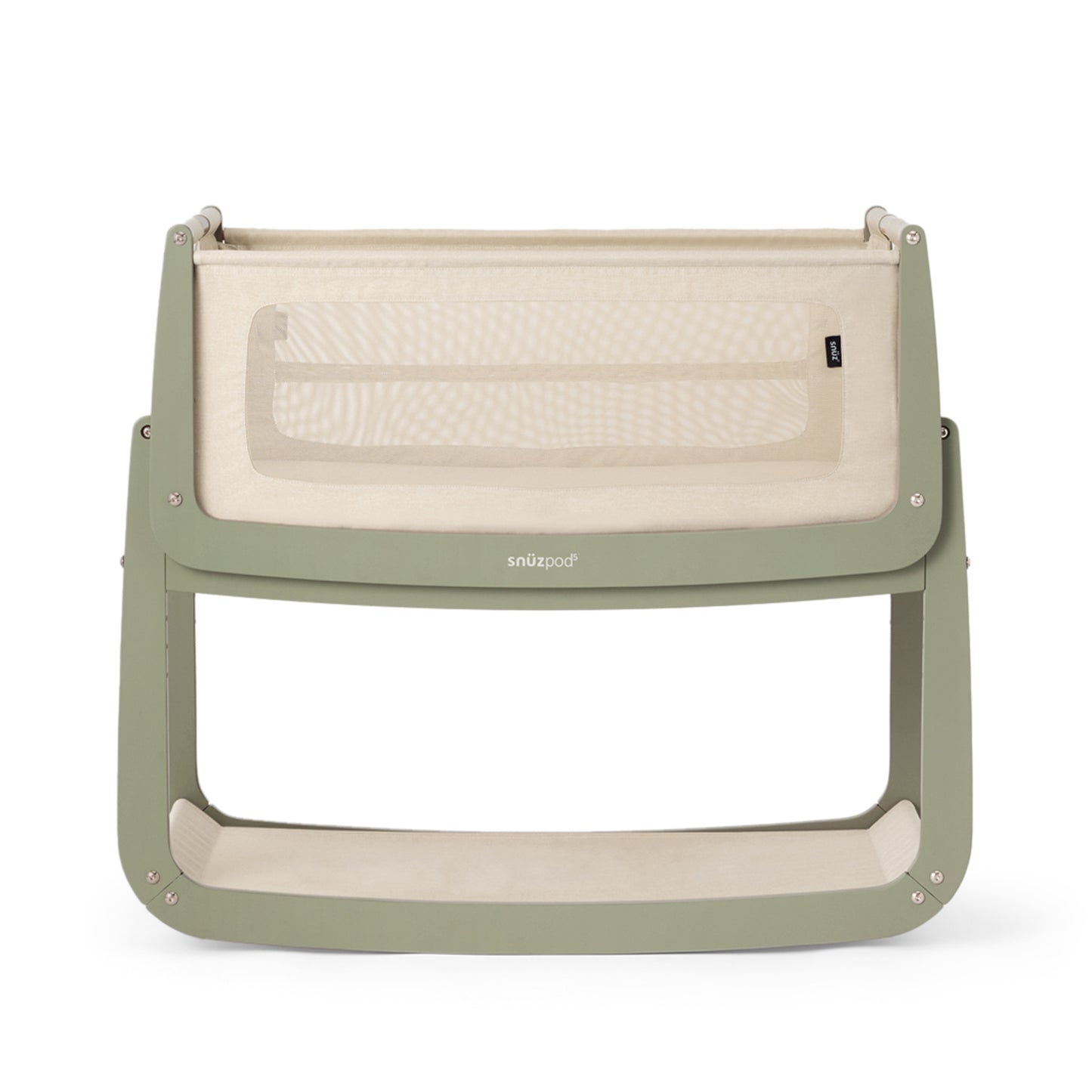 A Sage Snuzpod5 bedside crib designed for infants, showcasing a modern and safe sleeping environment.