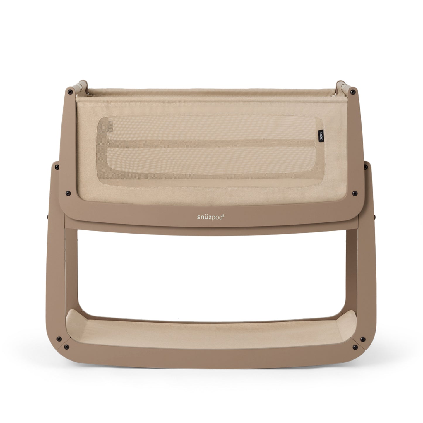 A Mocha Snuzpod5 bedside crib designed for infants, showcasing a modern and safe sleeping environment.