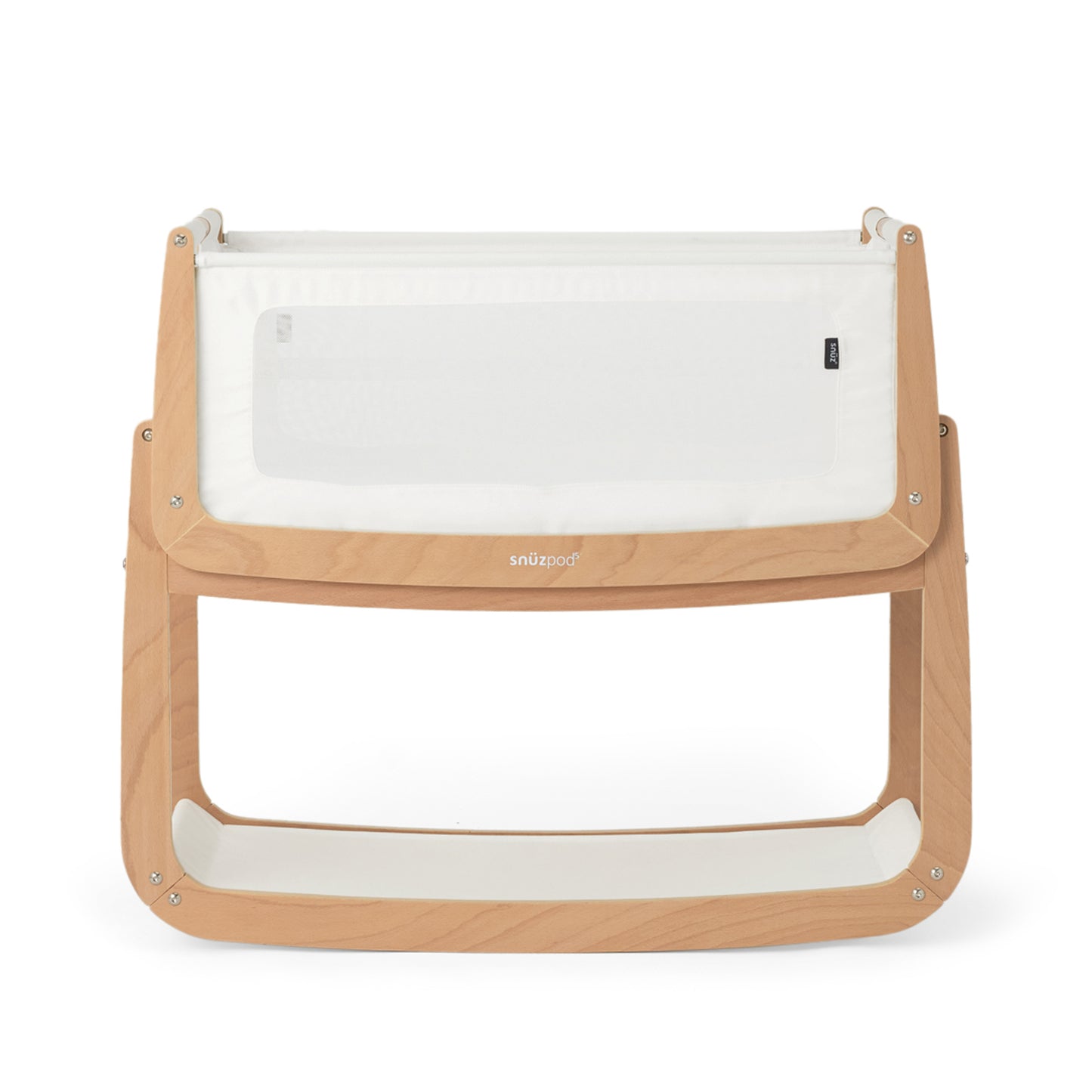 A Natural Snuzpod5 bedside crib designed for infants, showcasing a modern and safe sleeping environment.