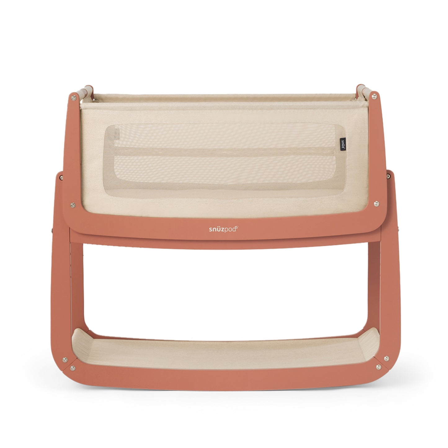 A Terracotta Snuzpod5 bedside crib designed for infants, showcasing a modern and safe sleeping environment.