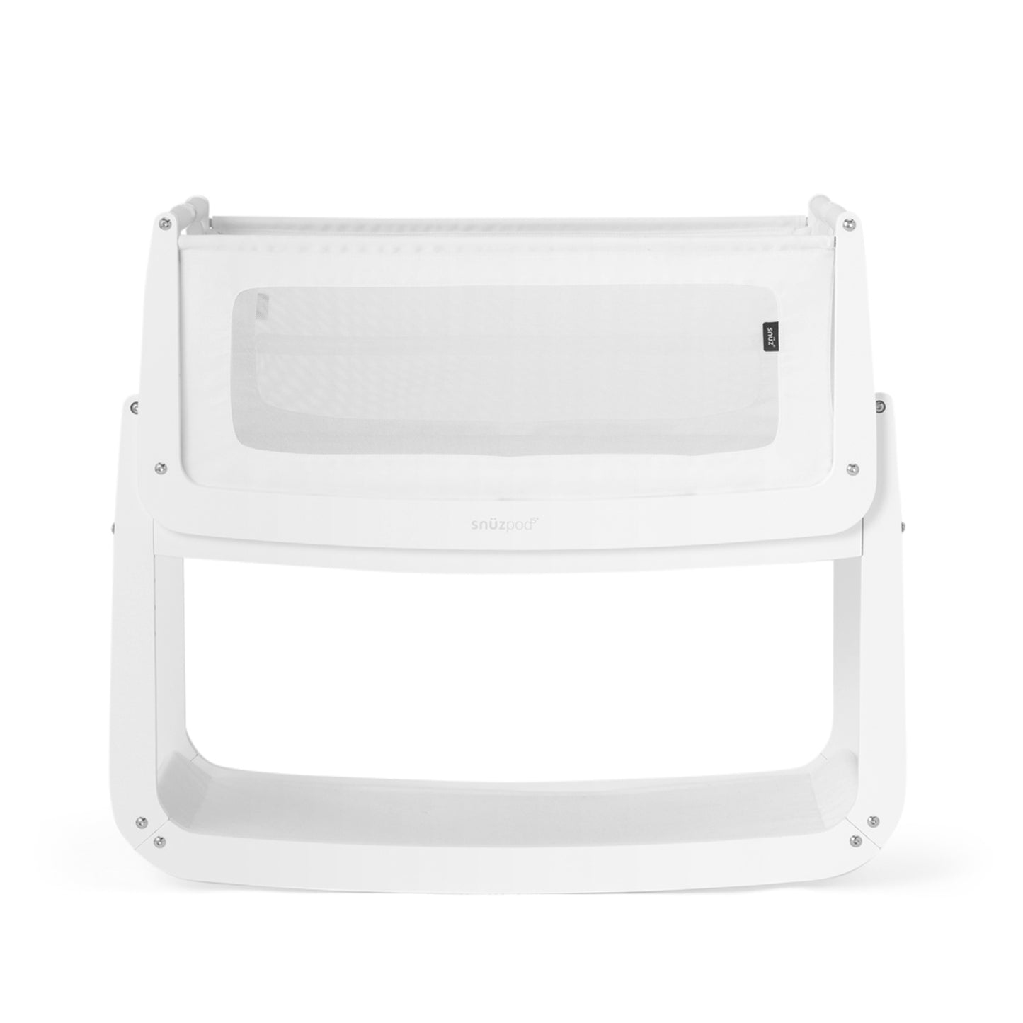 A White Snuzpod5 bedside crib designed for infants, showcasing a modern and safe sleeping environment.