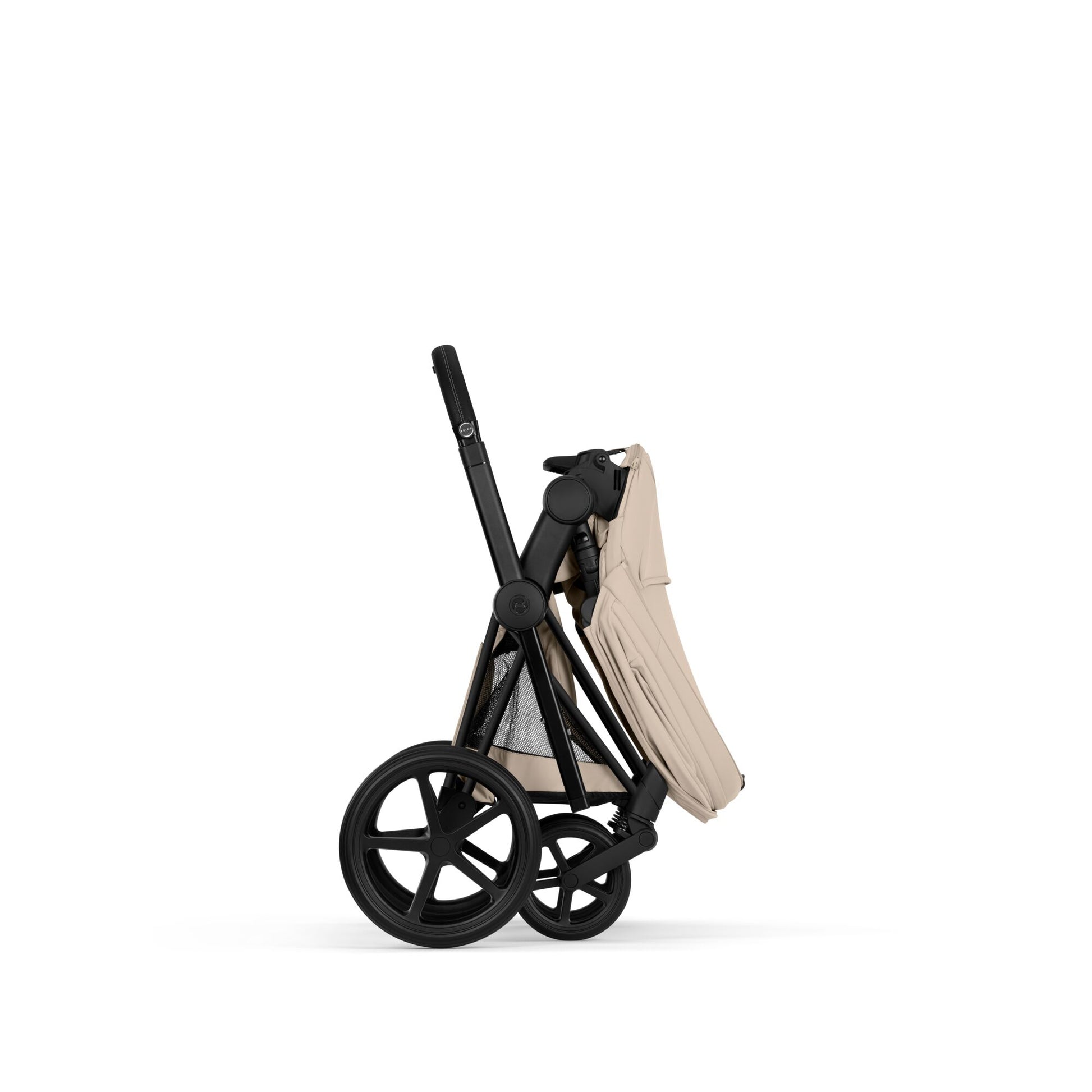 Cybex Priam Comfort combo in cozy beige colourway and matt black chassis.