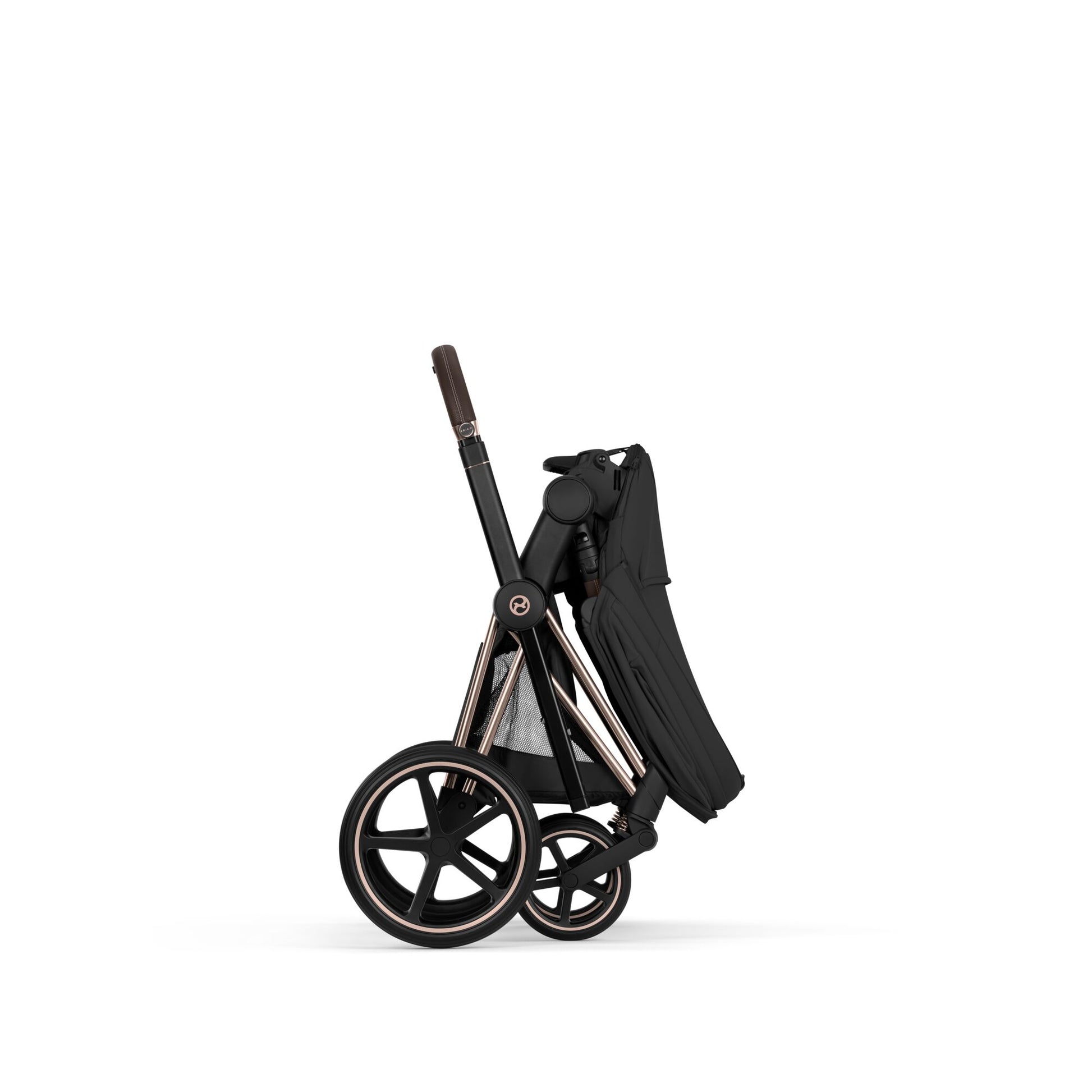 Cybex Priam Comfort combo in Sepia black colourway and rose gold chassis complete with footmuff.