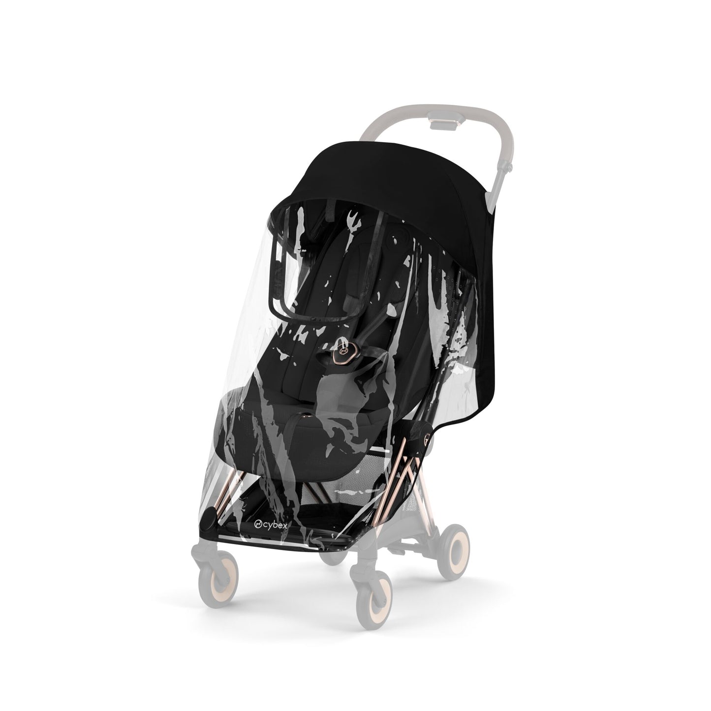 Cybex Coya Pushchair and carrycot in sepia black colourway on a rose gold chassis.