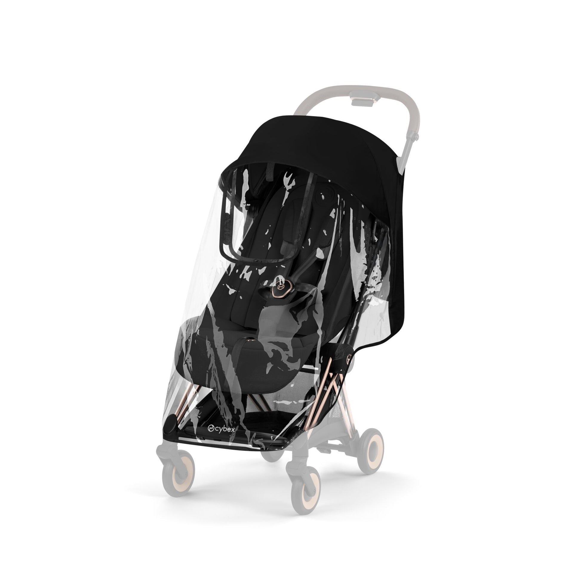 Cybex Coya Pushchair and carrycot in sepia black colourway on a rose gold chassis.